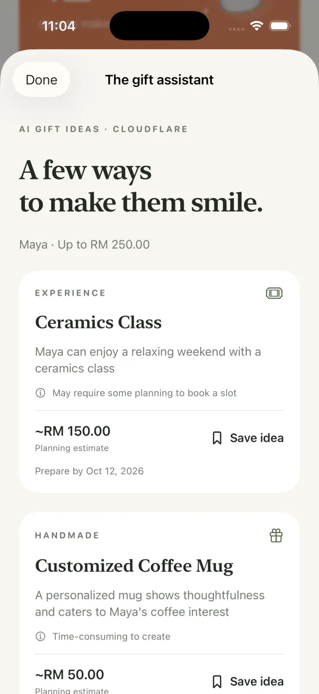 AI gift ideas screen in Remember the Day
