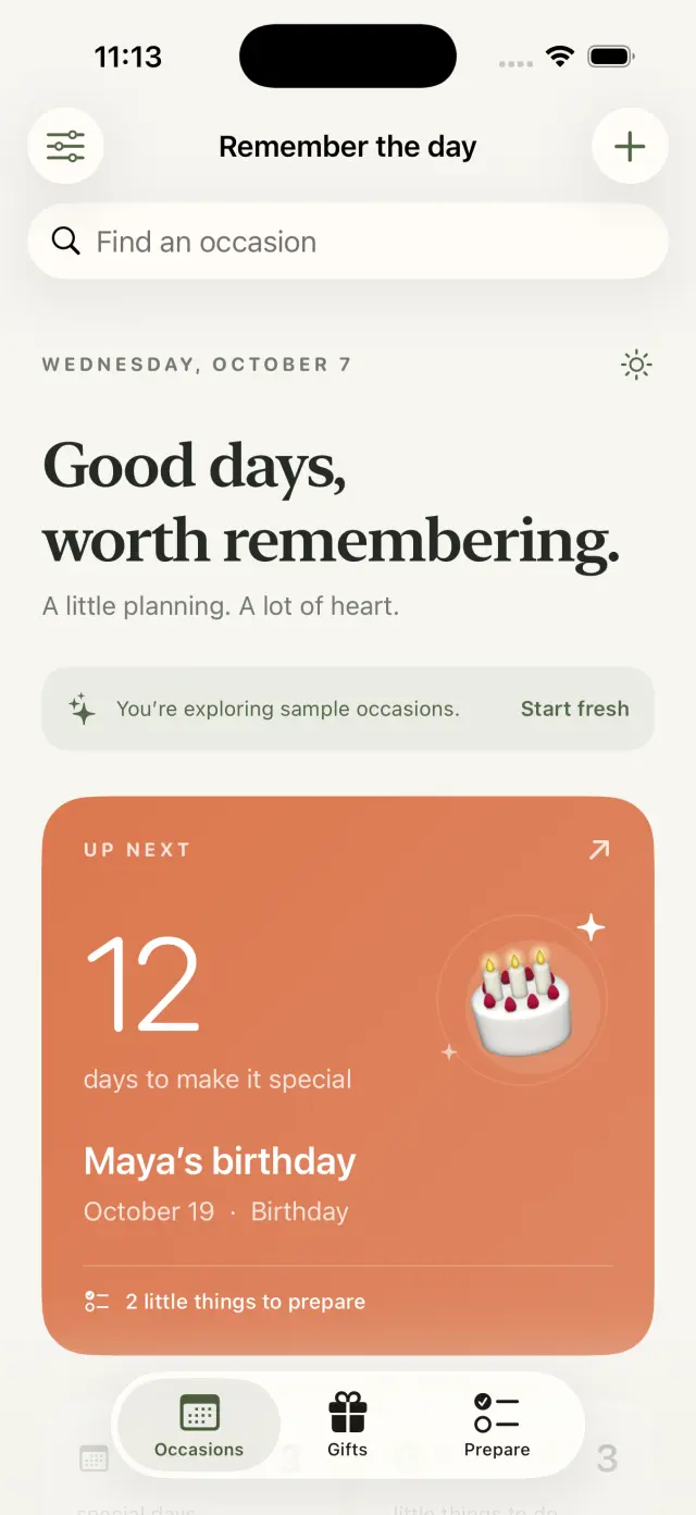 Remember the Day app showing a sample birthday countdown and preparation tasks